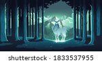 Magic deer in night forest, mystical stag with glowing eyes and body, soul of nature, wood protector, totemic animal at trees and mountain landscape, majestic reindeer, Cartoon vector illustration