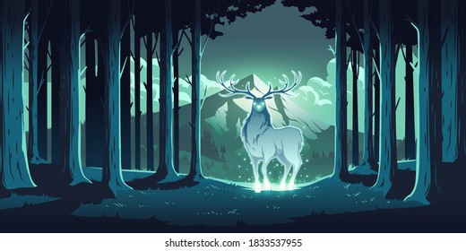 Magic deer in night forest, mystical stag with glowing eyes and body, soul of nature, wood protector, totemic animal at trees and mountain landscape, majestic reindeer, Cartoon vector illustration