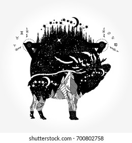Magic deer tattoo and t-shirt design. Adventure, travel, outdoors, symbol tattoo boho style   