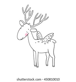 Magic Deer with wings. Animals of the forest. Hand drawing isolated objects on white background. Vector illustration. Coloring book 