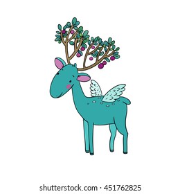 Magic Deer with wings. Animals of the forest. Hand drawing isolated objects on white background. Vector illustration. Cherries on the horns.