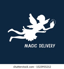 Magic delivery. Silhouette of a beautiful fairy bringing fire flame. Hand drawn illustration cut paper style. Dark background. Easy to change color