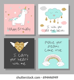 Magic design cards set with unicorn, rainbow, hearts, clouds and others elements. With golden glitter texture. Vector illustration