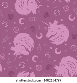 Magic design hand drawing seamless pattern with unicorn, moon, stars, ice cream and diamonds in pink colors. Vector illustration background.