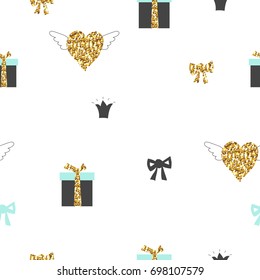 Magic design seamless pattern hand drawn  elements. With golden glitter texture. Vector illustration