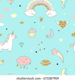 Magic design seamless pattern with unicorn, rainbow, hearts, clouds and others elements. With golden glitter texture. Vector illustration