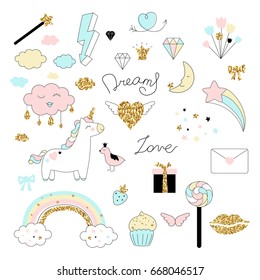 Magic design set with unicorn, rainbow, hearts, clouds and others elements. With golden glitter texture. Vector illustration
