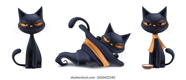 Magic devil eyes cat realistic kawaii set. 3d boo friday halloween sale mascot. Playing black animal sit and lie in witch hat. Autumn scarf and milk warm quirky funny kitten character. Isolated render