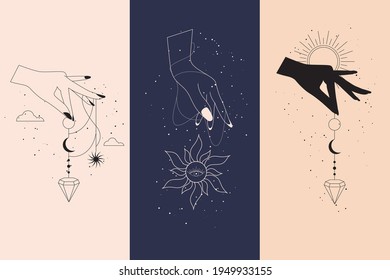 Magic diamonds and woman hands with moon crescent in boho linear style vector illustrations set