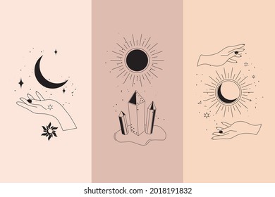 Magic diamonds and woman hands with moon crescent in boho linear style vector illustrations set