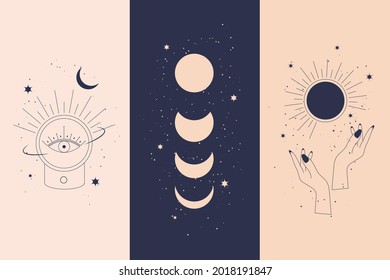 Diamantes mágicos y manos de mujeres con media luna en ilustraciones vectoriales de estilo lineal boho