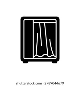 Magic disappearing cabinet with curtain, vector icon. Illusionist disappearing cabinet with drawn curtain used in magic tricks, isolated on a clean background in flat vector icon style.