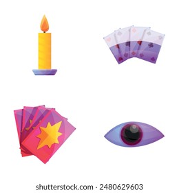 Magic divination icons set cartoon vector. Card fortune telling. Fortune telling, prediction, wizardry