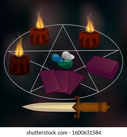 Magic. Divination on the runes, cards .candles, stones, Pentacles. A ritual sword. Book of fate. Dark, mysterious . vector.