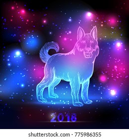 Magic dog with 2018 New Year inscription on the night sky with lights and stars. Dog silhouette hologram for advertising, blog design