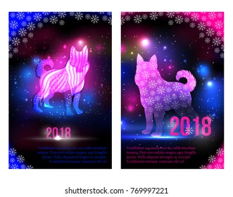 Magic dogs 2018 New Year brochures design for advertising. Night sky with lights, stars and snowflakes. Dog silhouettes.