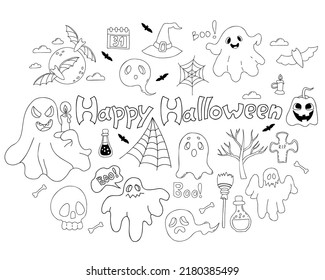 Magic doodle collection Happy Halloween. Cute ghost and spook with candle, jack pumpkin, bat and skull, grave and witch hat and magical potions. Vector linear hand drawn doodle. Isolated elements