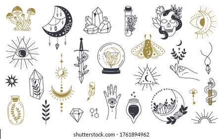 Magic doodle symbol. Witch hand drawn magic element, doodle witchcraft crystal, skull, knife, mystery tattoo sketch vector illustration icons set. Magic and witchcraft, witch esoteric alchemy