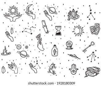 Magic Doodle Symbol. Witch Hand Drawn Magic Element, Doodle Witchcraft Crystal, Skull, Knife, Mystery Tattoo Sketch Vector Illustration Icons Set. Magic And Witchcraft, Witch Esoteric Alchemy