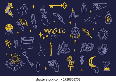 Magic doodle symbol. Witch hand drawn magic element, doodle witchcraft crystal, skull, knife, mystery tattoo sketch vector illustration icons set. Magic and witchcraft, witch esoteric alchemy