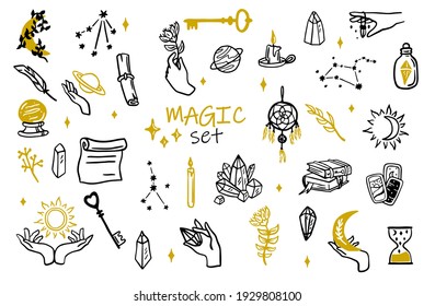 Magic doodle symbol. Witch hand drawn magic element, doodle witchcraft crystal, skull, knife, mystery tattoo sketch vector illustration icons set. Magic and witchcraft, witch esoteric alchemy