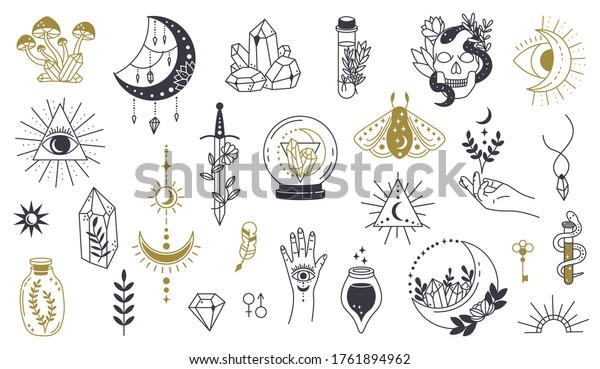 Magic doodle symbol. Witch hand drawn magic\
element, doodle witchcraft crystal, skull, knife, mystery tattoo\
sketch vector illustration icons set. Magic and witchcraft, witch\
esoteric alchemy
