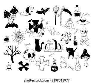 Magic doodles collection. Mystical and ritual objects, bat and moon, black cat, cobweb, grave, graveyard, skull with bones, voodoo doll, potion and fly agaric, scythe and broom. Vector linear drawn