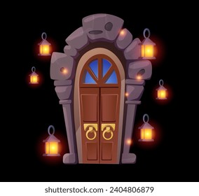 Magic door for game design, cartoon vector illustration isolated on black background. Fairy ui element, medieval castle door or old vintage entrance from wood, metal and stones, lanterns around