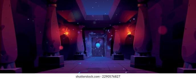 Magic door in medieval castle or Egypt palace. Ancient building interior with brick walls, pillars and fantasy gate with glow at night, vector cartoon illustration