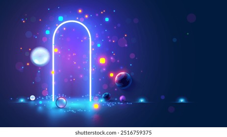 Puerta mágica en metaverso abstracto. Puerta o portal de misterio de astrología del futuro abierto en otras palabras. Puerta de neón que brilla en la oscuridad. Puerta de neón en forma de puerta de arco sin paredes. Concepto de máquina del tiempo.