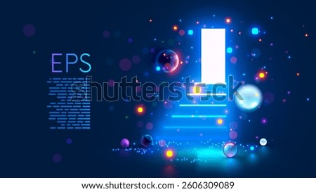 Magic door way in metaverse. Future astrology mystery door or portal opened in other worlds. Neon gate glowing in dark on stairs. Neon doorway on magic stairs. Future astrology mystery ladder.