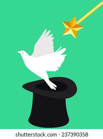 Magic and dove. Wizard hat and magic wand. Vector illustration