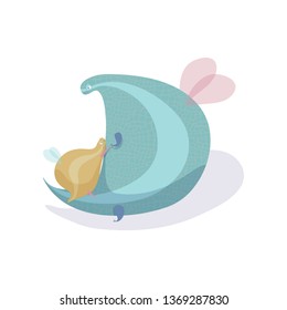 Magic dragon with child. Maternity and care concept.