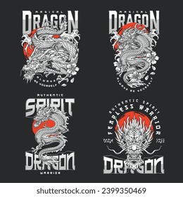 Magic dragon colorful set posters with evil fictional warrior near red club for authentic magazine design about Japan vector illustration