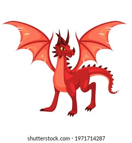 Magic Dragon. Fantasy colorful winged red creature. Medieval fairy tail animal, fire-breathing mythical reptile, flying dinosaur. Childish bright collection vector cartoon illustration