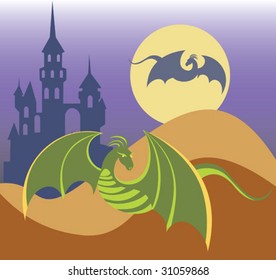 Magic dragon fly over castle