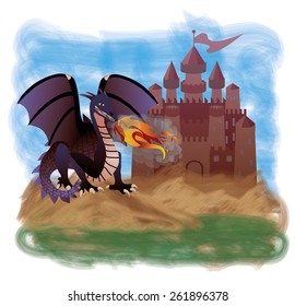 Magic dragon and old castle, vector illustration