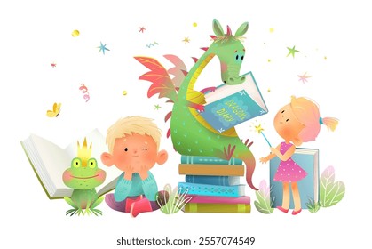 Magic dragon reading fairytale book, little girl and boy listen to a fairytale story. Dragon reading story book, prince frog and children. Vector characters illustration for kids story or library.