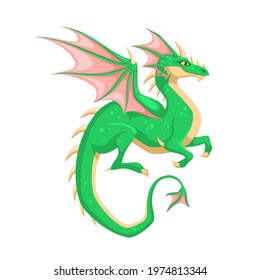 Magic Dragon. Winged green dragon. Fantasy vibrant colors creature, mythical cute reptile, medieval fairy tail single animal, flying dinosaur. Childish vector cartoon isolated illustration