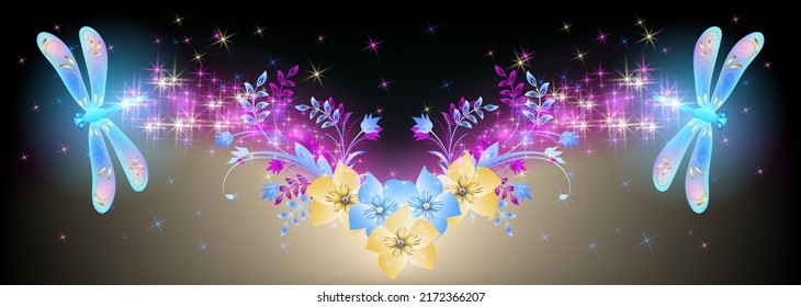 Magic dragonflies with fantasy sparkle and blazing trail and stars on dark night sky background