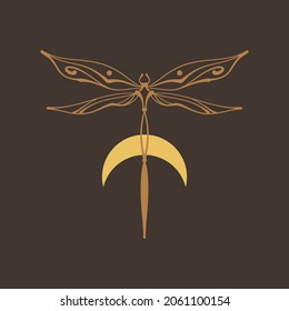 Magic dragonfly spiritual animal. Modern witchcraft mystic logo. Mystical magical astrology moon symbol. Flat line ornate art.