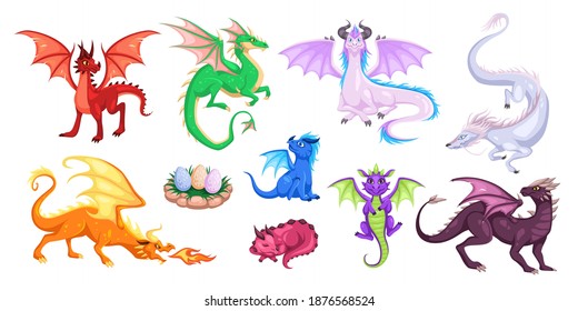 Magic dragons. Fantasy funny creatures, big flying fairy animals, fire-breathing legendary characters, adults and babies mythical reptiles. Childish bright collection for design cartoon vector set