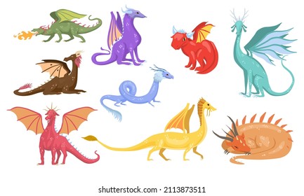 Magic dragons set. Stickers with fantastic characters from fairy tales. Unusual animal with wings emit flames. Legendary mystical creatures. Cartoon flat vector collection isolated on white background