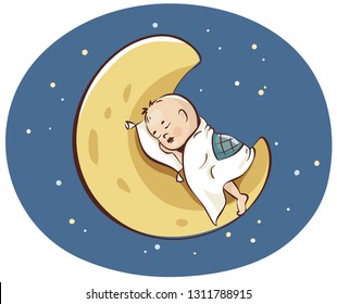 Magic dream. Vector illustration, little baby asleep on the crescent moon