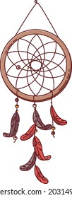 Magic dreamcatcher with a feather in cartoon style 