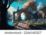 Magic, dreamy, surreal fairytale world in oil colour painting, old road and wall and lake and trees, digital illustration