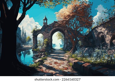 Magic, dreamy, surreal fairytale world in oil colour painting, old road and wall and lake and trees, digital illustration