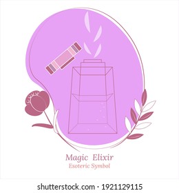 Magic drink, healing elixir in decorative vessel, bottle with  lid. Magic flower and sleepy grass. Set of vector drawings in warm pastel pink colors.