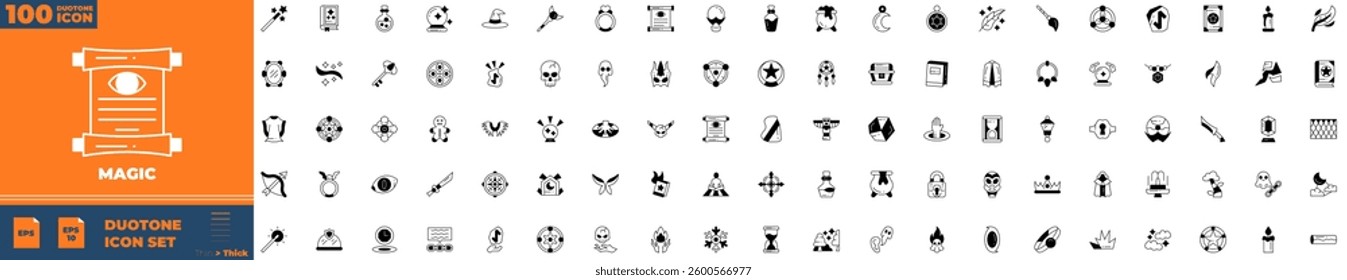 Magic Duotone Editable Icons set. Vector illustration in modern thin duotone style of magic icons: fairytale, magic, magicbook, magicbroom, etc
