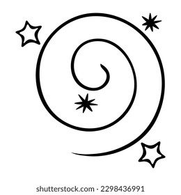 Magic dust. The circle is twisted into a spiral. Sketch. Decoration of stars and snowflakes. Vector illustration. Doodle style. Creating a festive atmosphere. Outline on isolated background. 